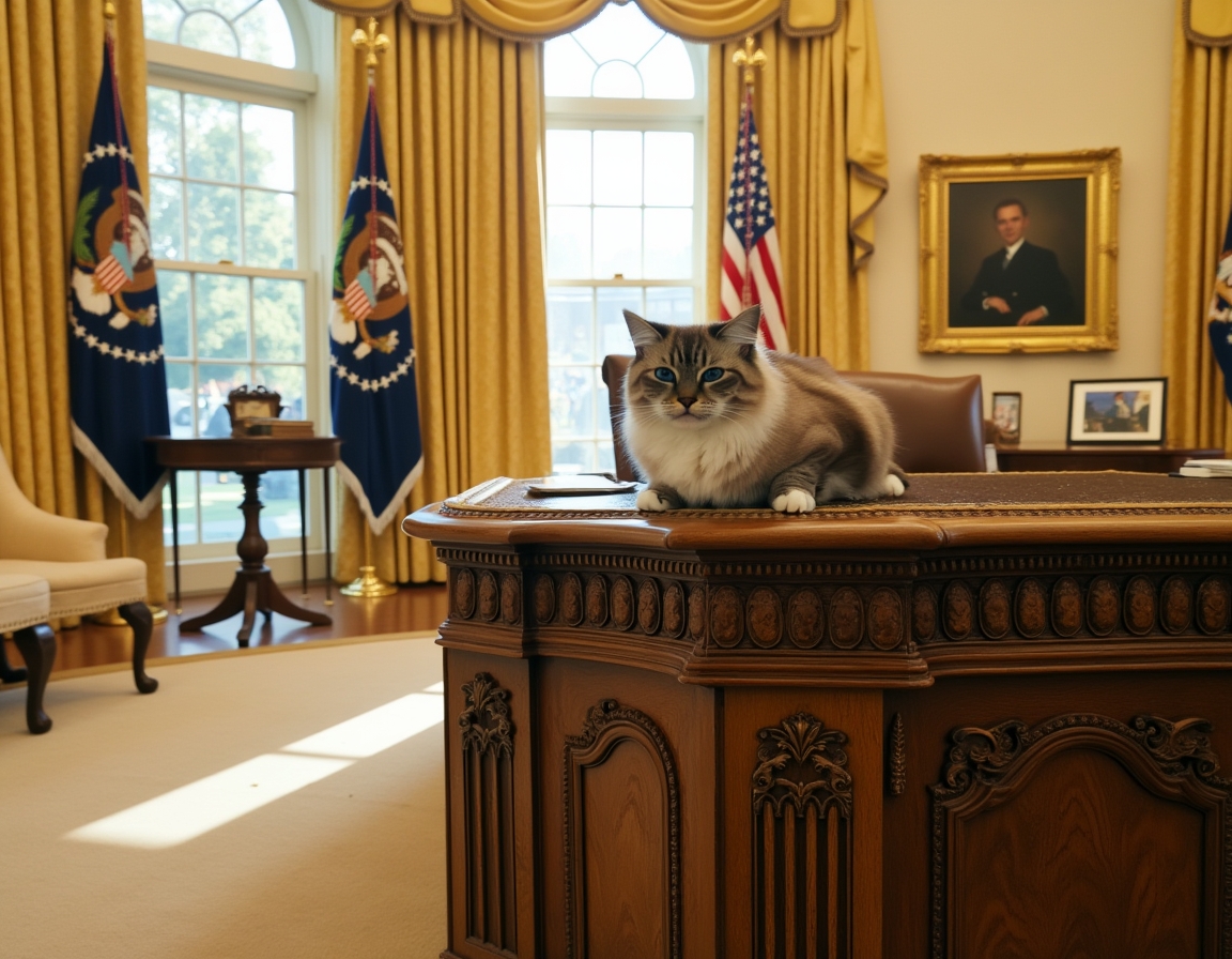 Cat perched on the Resolute Desk in the Oval Office, basking in the dignified atmosphere of the new administration.